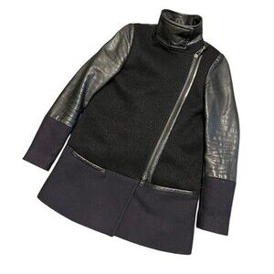 Mackage Montreal Women's Black Leather and Wool Blend Jacket, Stylish Zip Closur